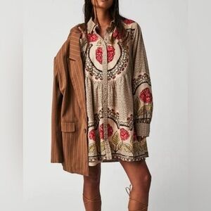 Free People Red and Cream Floral Button Down Dress - Size S
